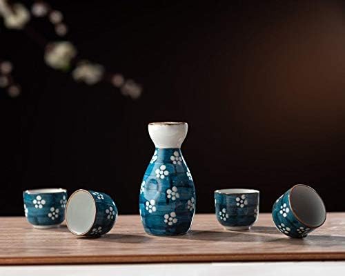 Miniatura 2 de TJ Global Juego de sake de 5 piezas, juego de sake japonés de cerámica duradero con 1 jarradecantadorbotella de Tokkuri y 4 tazas Ochoko para sake