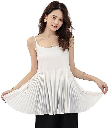 Fourfivesix Haru Camisole Long Women's Flare Tunic Tops Pleated Body Cover Tiered Cut-Out Frill One Piece Suspender Simple Solid Loose Shirt Layered