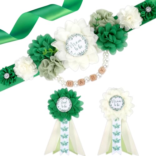 Succulent Baby Shower Maternity Sash Kit - Baby in Bloom Baby Shower Belly Belt and Mom to Be &amp; Dad to Be Corsage Pins, New Parents Pregnancy Photo Props Party Supplies, green, yellow