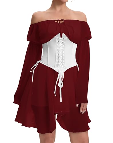Image of Womens Corset Dresses Off Shoulder Bell Sleeve Casual Party Fairy Two Piece Outfits Bustier Dress