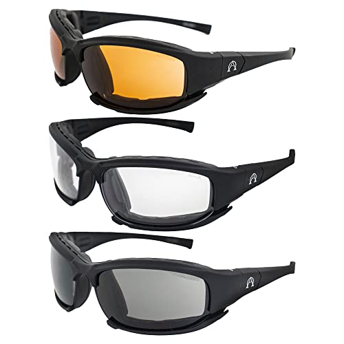 Alpha Omega AO3 Motorcycle Sunglasses Foam Padded Riding Safety Glasses Z87.1 Convertible to Goggles for Men or Women 3 Pair Black Frame w/Amber Clear & Smoke Lenses