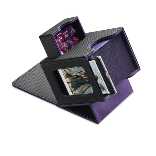 Mage Tech Card Deck Box for MTG Commander - Patented Design Commander Display Fits 100 Double-Sleeved Cards 35pt Card Brick & Dice Tray - Black/Purple