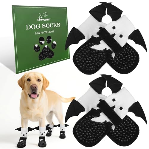 EXPAWLORER Halloween Anti Slip Dog Socks to Prevent Licking Paws, Boots & Paw Protectors with Grippers,Doggie Booties for Hardwood Floors for Small Medium Large Senior Dogs Costume White Ghost Wings L