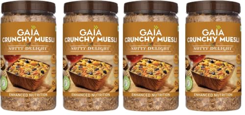 Image of GAIA Nutty Delight Crunchy Muesli 1 kg jar (Pack of 4) - A Perfect Blend of Multigrains, Nuts, Oats and Cornflakes The Ultimate Healthy and Delicious Breakfast Cereals.