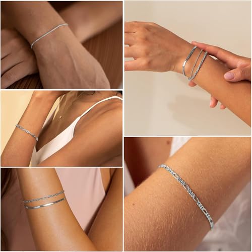 Image of VAMA FASHIONS Trendy 6 Pcs Silver Plated Bracelets Hand Jewelry Paperclip Rope Snake Figaro Herringbone Beads Chain Bracelets Set For Girls & Women