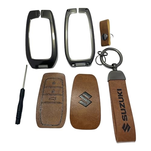 Image of Zinc Metal Alloy Leather Car Key Cover & Case Brown with Keychain & Holder Compatible for Maruti Suzuki Invicto (3 Button Push Smart Key)