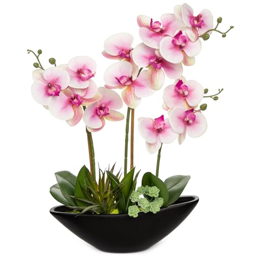 Oairse Flores artificiales de orquídea de 18 pulgadas, flores de seda rosas con maceta de cerámica negra, arreglo grande de falaenopsis sintética para el hogar, oficina, sala de estar, mesa de centro