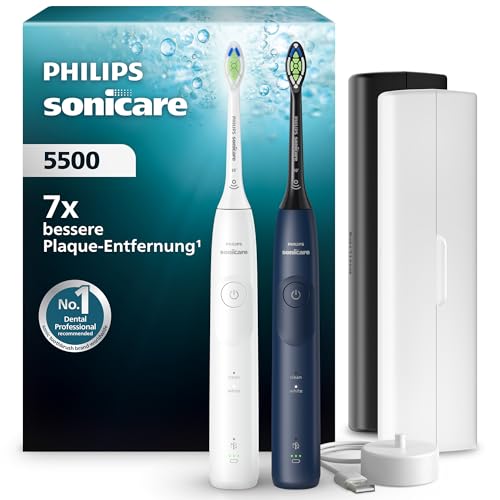 Philips Sonicare 5500 elektrische Zahnbürste, Schallzahnbürste mit 2 Putzmodi, Andruckkontrolle, EasyStart, SmarTimer und BrushPacer, Weiß und Navy, 2er-Pack, Modell HX7119/01 [Neue Technologie]