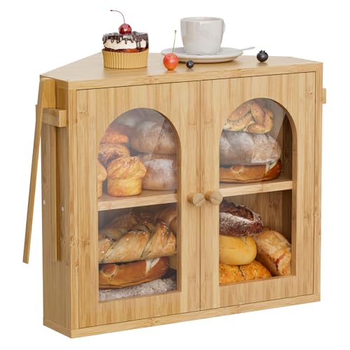 WOWLIVE Corner Bread Box for Kitchen Counters - 2-Tier Bamboo Storage Container with Clear Acrylic Door Panel - Large Farmhouse Bread Bin Organizer (Natural, Medium)