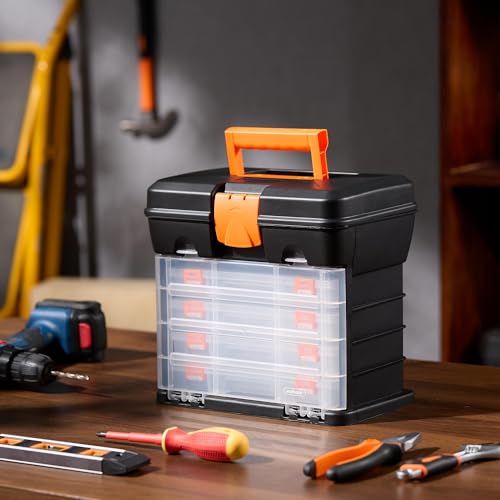 Vonhaus Utility Tool Box Storage Organiser Case With 4 Drawers & Adjustable Dividers - Plastic Multi Tool Box Organiser With 4 Compartment Drawers - Ideal For Diy Tools And Accessories Storage - 9