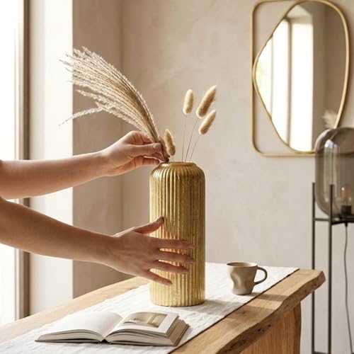 Image of KREATIVE ART'S Modern Ribbed Design Ceramic Flower Vase for Living Room, Flower Pots for Artificial Flower, Home Decoration Item, Home Decor, Vases for Living Room (Gold, Large)