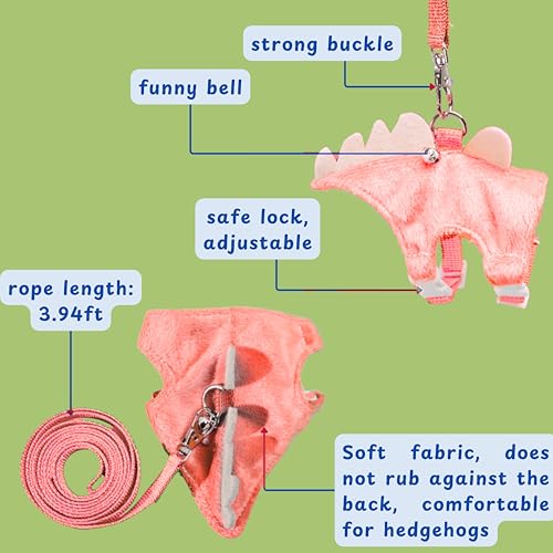 Image of Hedgehog Leash and Harness Clothes Accessories, Adjustable Leash and Harness with Safe Bell, Dinosaur Shaped Outfit, Hamster Clothes For Ferret Hamster, Hedgehog Accessories, Guinea Pig Outfits (Pink)