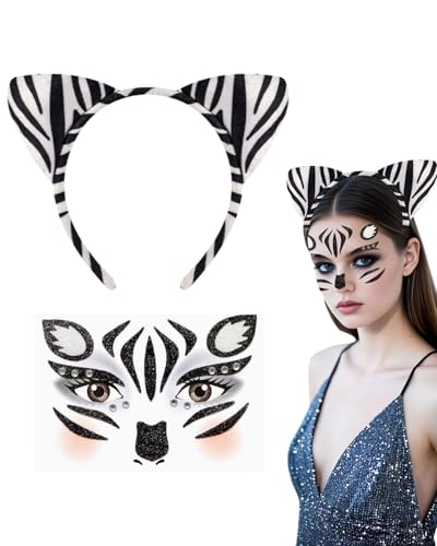 BPTRKOM 2 Stück Zebra-Kostüm Zubehör Set - Ohrenreif mit Zebra-Gesichtstattoos für Karneval & Mottopartys - Wilde Tierparty Accessoires für Fasching(Aufkleber + Stirnband) BPTRKOM 2 Stück Zebra-Kostüm Zubehör Set - Ohrenreif mit Zebra-Gesichtstattoos für Karneval & Mottopartys - Wilde Tierparty Accessoires für Fasching(Aufkleber + Stirnband)