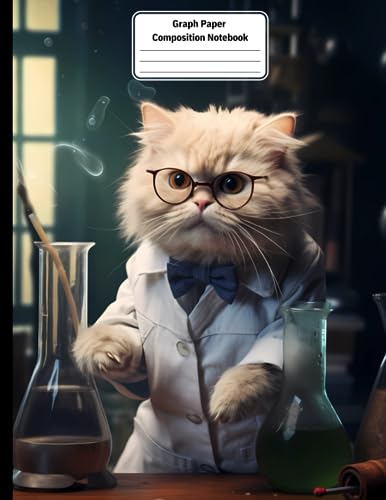 Graph Paper Composition Notebook: Cute White Cat Scientist with Glasses, Scientific Lab & Mathematic Laboratory Journal, Quad Ruled 4x4 Grid with 1/4 Inch Squares - Large 8.5 x 11