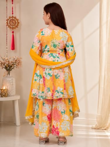 Image of Preneum Girls's Ethnic Cotton Bandhani & Lehariya Printed 3 /4 Sleeves Gotta Patti Angrakha Kurta with Sharara Set