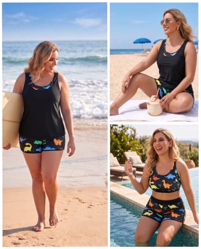 Image of Holipick Women Plus Size Swimsuits - Athletic 3 Piece Tankini with Shorts