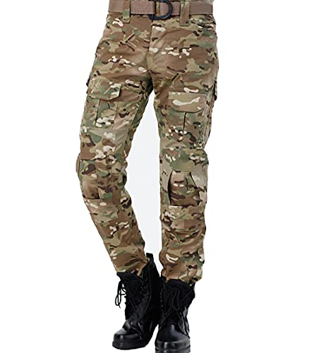 TACSIXTO Taktische Kampfhose mit Kniebatten, Ripstop Multi-Tasche Paintball Hose für Outdoor Wandern Jagd, Langlebige Ladung Arbeitshose (DE/NL/SE/PL, Alphanumerisch, S, Regular, Regular, Camo)