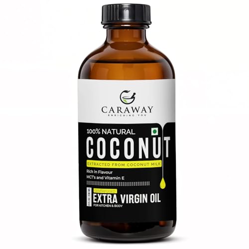 Image of CARAWAY Extra Virgin Coconut Oil - 200 ml | Coconut Oil Virgin Cold Pressed & Centrifuged - Suitable for Baby Massage, Hair Care & Ayurvedic Practices | Rich in MCT's | Glass Packaging