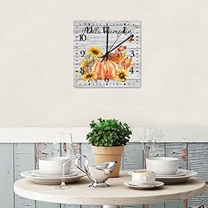Small Wall Clock Hello Pumpkin and Dog Office Decor for Men Battery Operated Silent Non Ticking Arabic Numbers Primitive Rustic Sunflower Harvest Square Clock for Kitchen 12 Inch