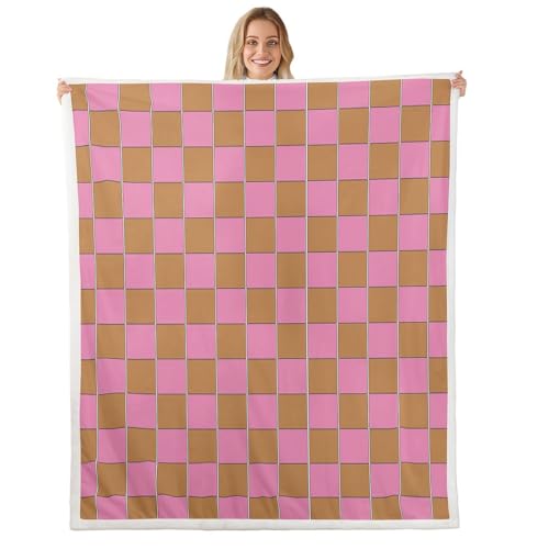 Image of Erosebridal Gaming Plaid Fuzzy Plush Throw Geometric Checkered Fleece Blanket Pink Brown Sherpa Blanket for Kids Boys Girls,Cute Checkerboard Decor for Bed Couch Queen 90 inchx90 inch