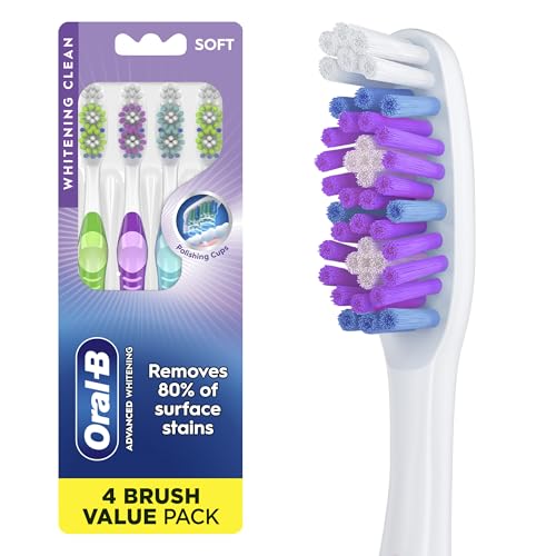 Oral-B 3D White Manual Toothbrush, 4-Pack, Stain Eraser, Soft Bristle Brushes, Adult Teeth Whitening, Daily Plaque Removal, Built-in Tongue Scraper Cheek Cleaner, Travel Size Toiletries