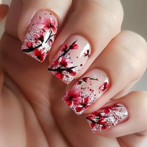 24 Pcs Flower Press on Nails Glitter Short Square Shaped Fake Nails with Pink White Floral Design Glossy False Nail Full Cover Spring Acrylic Sparkly Stick on Nail for Women DIY Manicure