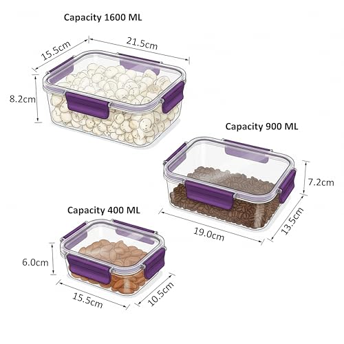 Image of PEARLPET Luxeseal Airtight Food Storage Containers | 3-Piece Rectangular Jar Set | 400ml, 900ml, 1600ml | BPA-Free PET, Stackable, Festive Gift Set, Purple