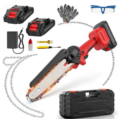 Ranengar Mini Tronconneuse a batterie Petite - 6 Pouces Coupe Branche Ãlectrique Scie Sans Fil petite Elageuse Chainsaw avec 2 Batteries 2 Chaines 800W...