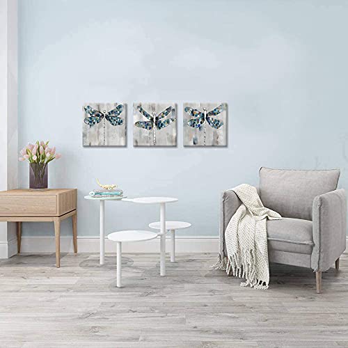 Duobaorom 3 Pieces Dragonfly Canvas Wall Art Abstract Insects Grey And Blue Artwork Giclee Print Gallery Wrap For Modern Home Bedroom Office Decor Ready To Hang 12X12Inchx3Pc #TOP2