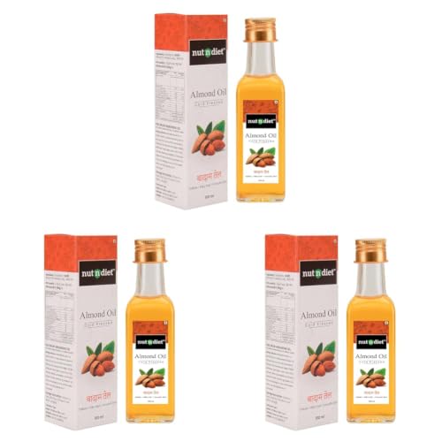 Image of nutndiet Sweet Almond Oil 100ml - Glass Bottle Pure Cold Pressed Badam Tel, Rich in Vitamin-E, Natural Edible Oil, Hair Skin & Face Care, Body Massage. (Pack of 3)