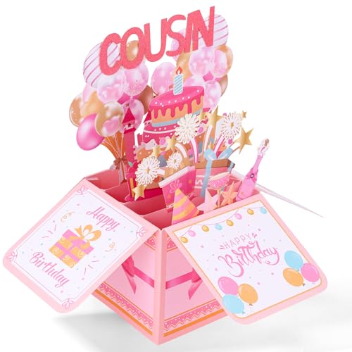 lasuroa Cousin Pop up Birthday Card, Pink Girly 3D Birthday Gift Box Foldable Pop up Gift Box with Envelope Greeting Card for Cousin