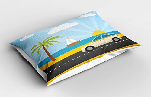 Lunarable Road Trip Pillow Sham, Grungy Background Summer Holiday Theme with Car Journey Near Exotic Tropic Beach… - Image 3