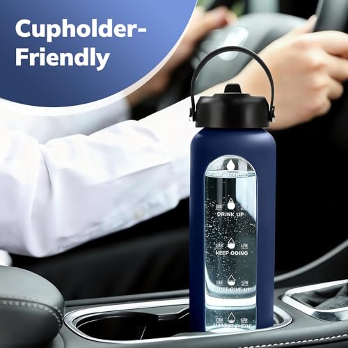 Image of Aqulea 32 oz Glass Water Bottle with 2 Lids - Spout & Straw Lids, 1L Motivational Borosilicate Glass Water Bottle with Time Marker & Silicone Sleeve, Leakproof (Blue)