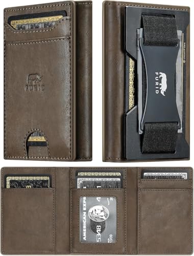Image of furid Genuine Leather Wallet for Men: RFID Thin Trifold Front Pocket Credit Card Holder - Slim Minimalist Wallet with Metal Plates and Cash Band - Gift for Husband Father on Anniversary Birthday