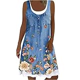 Women's Summer Sleeveless Dress Floral Loose Denim Printed Tank Dress Summer Beach Midi Flared Dresses Sundress 2024 Womens Summer Casual Beach Dress 2024 Short Sleeve V Neck Ruffle