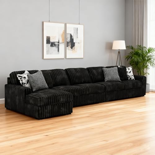 Image of Signature Design by Ashley Midnight‑Madness Sectionals, Jumbo Corduroy Sectional Sofa with Chaise, Plush Cushioned Comfort for Cozy Living Room Lounging, 190 inch W x 65 inch D x 40 inch H, Black