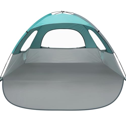 WhiteFang Beach Tent Anti-UV Portable Sun Shade Shelter for 3 Person, Extendable Floor with 3 Ventilating Mesh Windows Plus Carrying Bag, Stakes and Guy Lines (Mint Beige)
