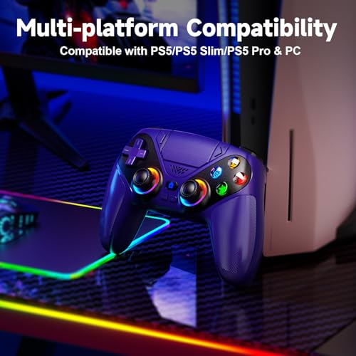 Image of Gamrombo LED Wireless Controller for PS5, Compatible with PS5 Pro /Slim /PC, n, 3.5mm Audio Jack, 6-Axis Motion Control Gamepad with Speaker, Dual Vibration, Macro /Turbo Functio (Purple)