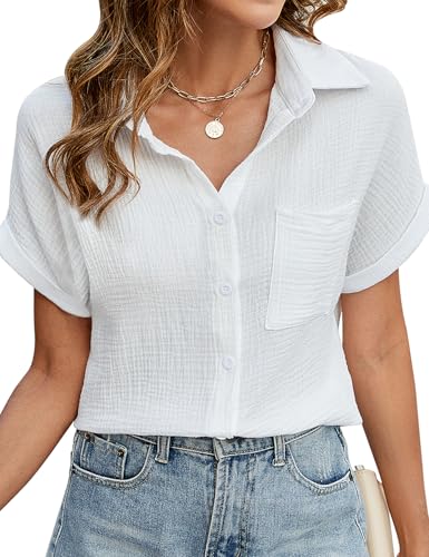 Niwicee Blusas Mujer Verano Elegante Blusa Manga Corta Cuello en V Camisa Túnica Tops Sueltas Casual Algodón con Botones Shirts(Blanco,XL)