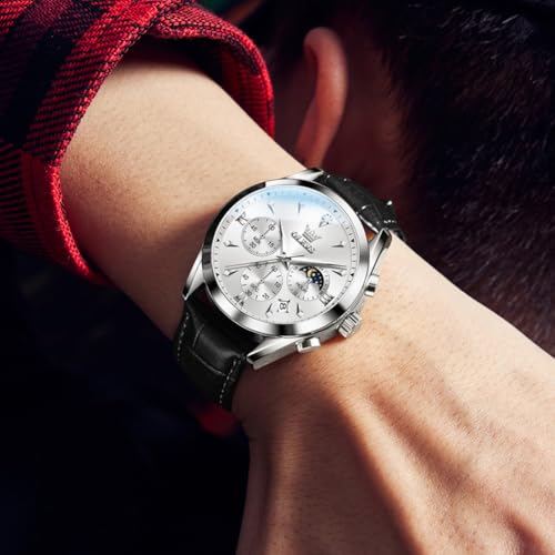 Image of OLEVS Men's Leather Analog Quartz Watch - Luxury Chronograph Wristwatch with Date, Waterproof, Luminous - Dress Style