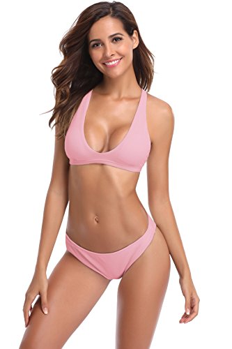 SHEKINI Mujer Conjunto Bikini Deportivo Acolchado Traje de baño Brasileño Bañador (Medium, Rosa)