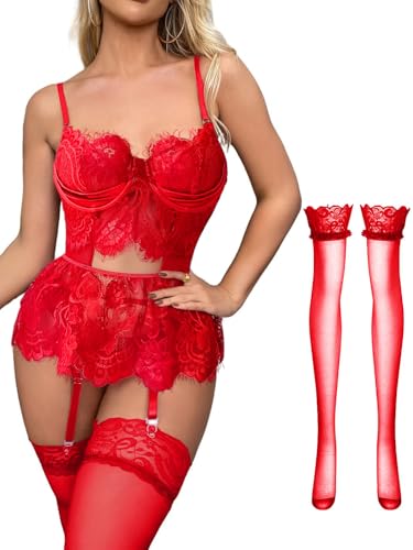 Ensemble de lingerie 4 pièces avec bas sexy à armatures et porte-jarretelles en dentelle