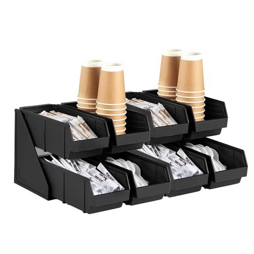 CURTA Black Self Serve Condiment Bin Stand Set, 2-Tier Stand with 8 Bins, 22.5" D x16 W x 9.5" H, Coffee Bar Beverage Station