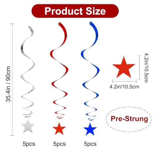Image of BEISHIDA Red Blue Silver Star Hanging Swirl Decorations,July 4th Hanging Party Supplies for 250th Anniversary Graduation Wedding Baby Shower Birthday Party Decorations,Pack of 15