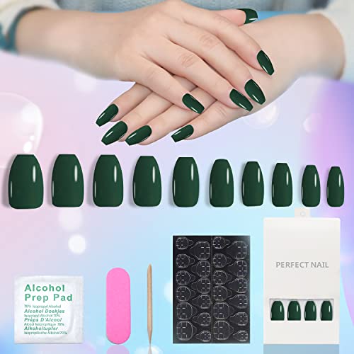 Press on Nails, 24 Stück glänzende Sarg-Stick-on-Nägel, volle Abdeckung, Ballerina, falsche Nägel, mittlere Länge, französische Acrylnägel für Frauen und Mädchen (Oliv) Cover
