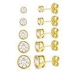 Women's 18K Gold Plated CZ Stud Earrings Simulated Diamond Round Cubic Zirconia Ear Stud Set（5 Pairs
