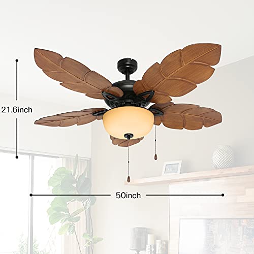 Hykolity 52 Inch Indoor Tropical Ceiling Fan W/ Light Kit, Five Abs Palm Leaf Blades, Etl Listed Ceiling Fans For Living Room Kitchen Bedroom Basement, Reversible Motor, Pull Chain, Bronze #TOP7