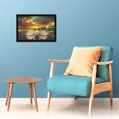 Image of Mad Masters 2 White Swan Bird Duck Love Painting Hanging Photo Frame Decorative Item for Living Room, Bedroom, Home Decor and Wall Decoration (MM 10036, 45.7L x 30.5W cm, Paper, With Plexi Glass)