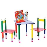 bunter Kindertisch + 2 Stühle in Stiftform + Malbuch + 6 Buntstifte | Kindersitzgruppe 3-teilig| Kindermöbel
