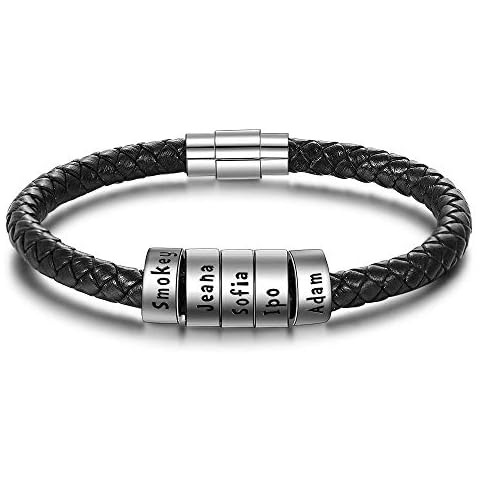 Personalized Braided Leather Bracelet for Men Women Bracelets with 2-5 Names Engraving Silver Jewelry for Men (5 Beads) Cover